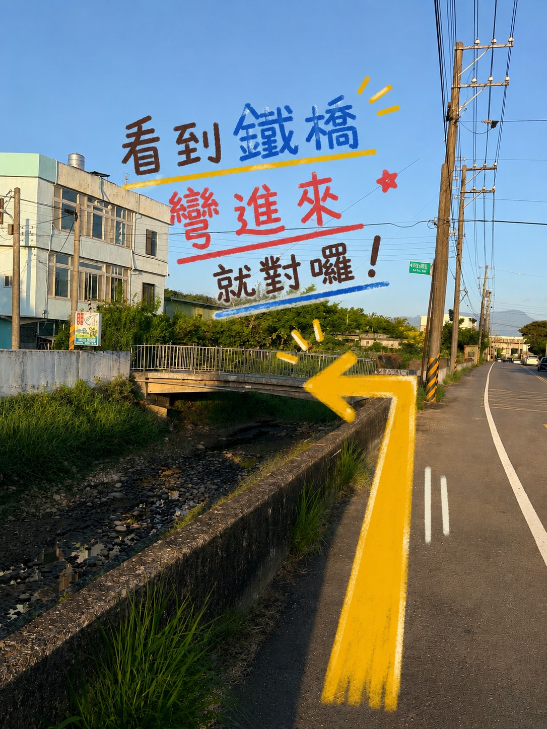 前往宇魚水族看到鐵橋後依箭頭彎入的入口導引圖